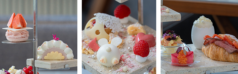 左: いちごのマカロンとルビーチョコレートのムースサンド、中央: 雪うさぎの散歩道、右: セイボリー